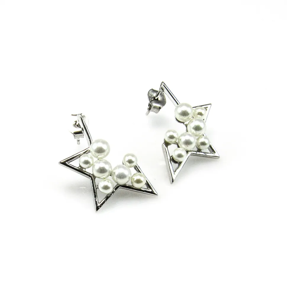 Pendientes Mujer Estrella De Plata Rodiada Con Perlitas