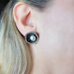 Pendientes Plata De Ley En Rutenio Negro Con Perlas Y Circonitas