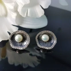 Pendientes Plata De Ley En Rutenio Negro Con Perlas Y Circonitas