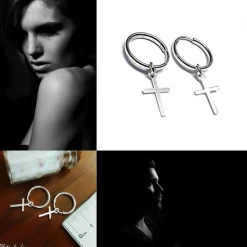 Clearance Pendientes Unisex De Aro Con Cruz Colgante De Plata 11 Mm.