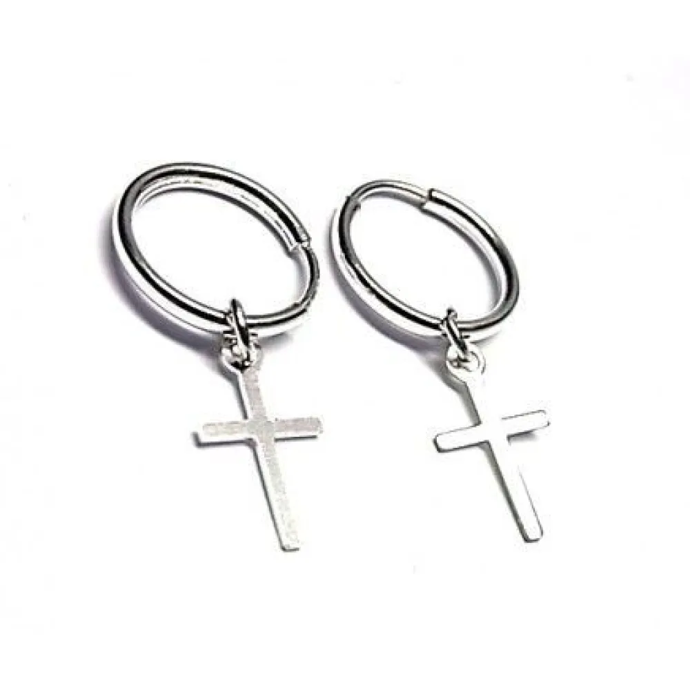 Clearance Pendientes Unisex De Aro Con Cruz Colgante De Plata 11 Mm.