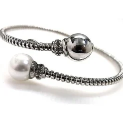Pulsera Brazalete Combinada Con Perla Y Circonitas En Plata