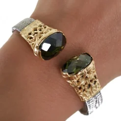 Outlet Pulsera Brazalete De Acero Y Plata Dorada Con Circonita Verde