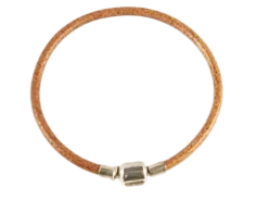 New Pulsera Cuero Camel 3 Mm. Y Plata De Ley Cierre Clip 18Cm.