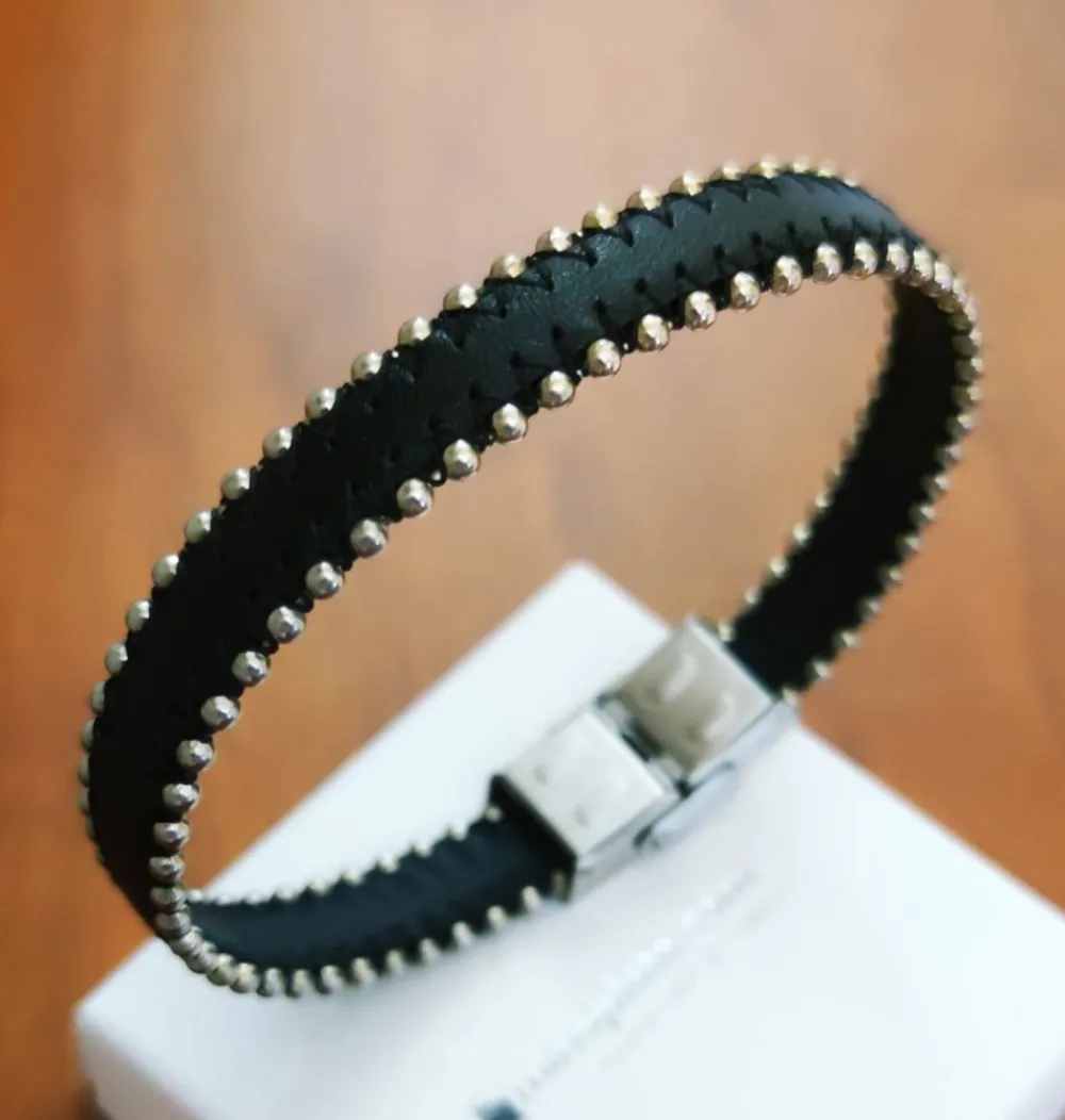 Online Pulsera De Piel Con Bolitas De Acero Inoxidable