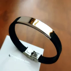 Pulsera De Piel Negra Pespunteada Y Acero Inoxidable