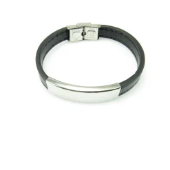 Pulsera De Piel Negra Pespunteada Y Acero Inoxidable