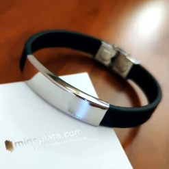 Pulsera De Piel Negra Pespunteada Y Acero Inoxidable