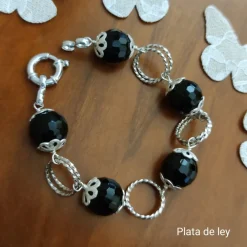 Pulsera De Plata Con Bolas De Onix Facetado