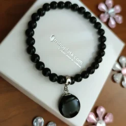 Pulsera Elastica Plata De Ley Y Bolas De Onix 6 Mm.