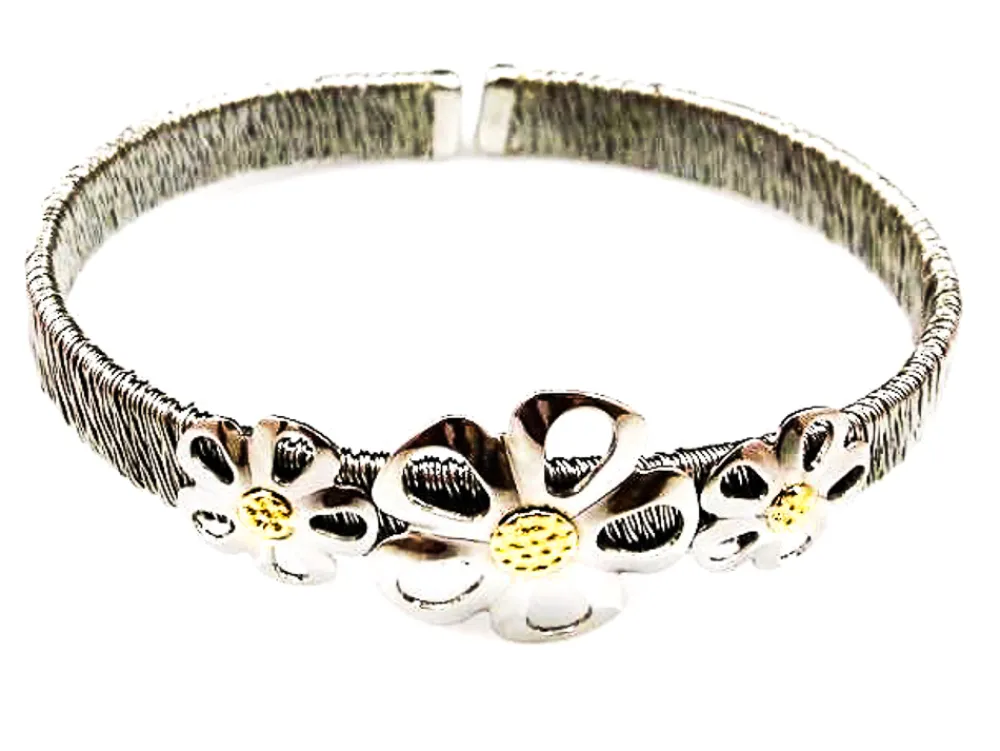 Discount Pulsera Hilo De Acero Y Oro Con Flores Caladas