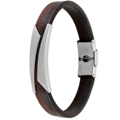 Outlet Marea Pulsera hombre Mees piel marrón placa acero