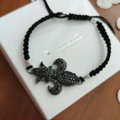 Pulsera Plata Y Rutenio Algodón Flor De Lys Con Circonita Negra