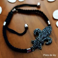 Pulsera Plata Y Rutenio Algodón Flor De Lys Con Circonita Negra