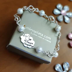Pulsera Primera Comunión Nube De Plata De Ley Con Perlas