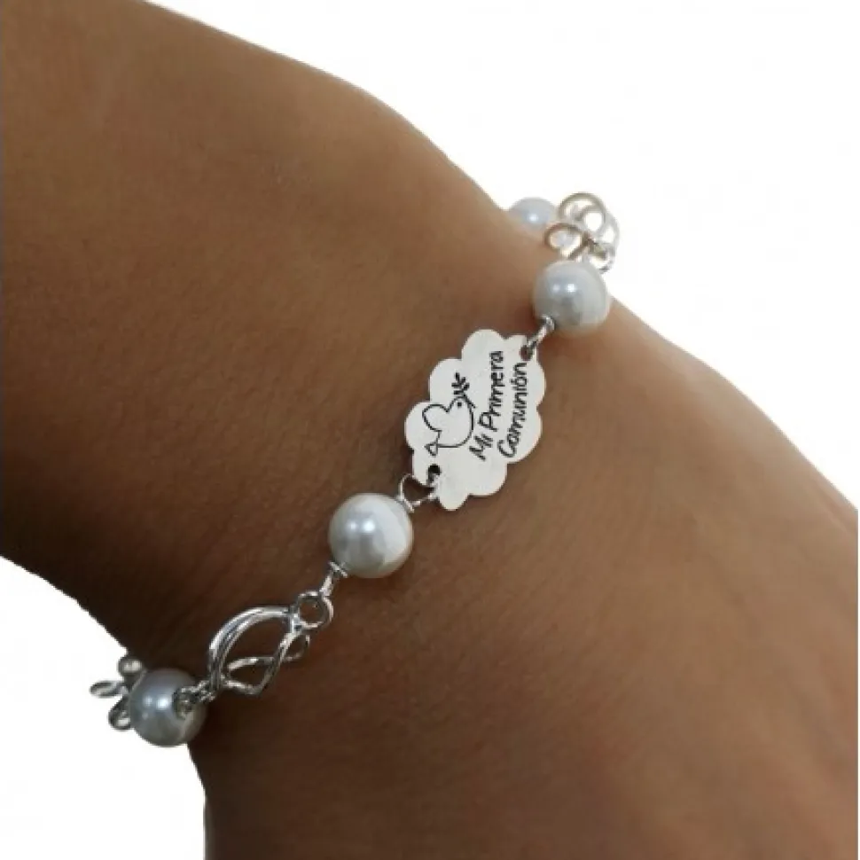 Pulsera Primera Comunión Nube De Plata De Ley Con Perlas