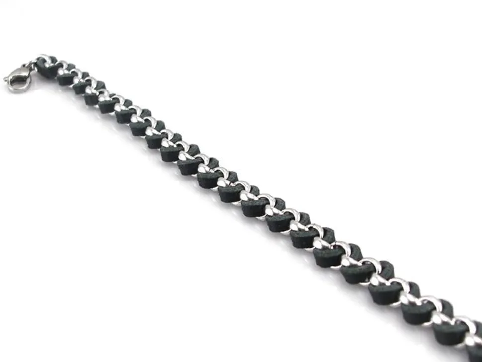 Pulsera Rolo De Acero Inoxidable Con Piel Negra