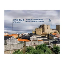 Hot Sello Pueblos con Encanto 2025 | Castro Caldelas, Comillas, Roncal y Trujillo | Hoja bloque