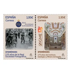 Sellos 175 años Instituto Geológico y Minero de España y 125 años Real Sociedad Fotográfica | Serie Efemérides