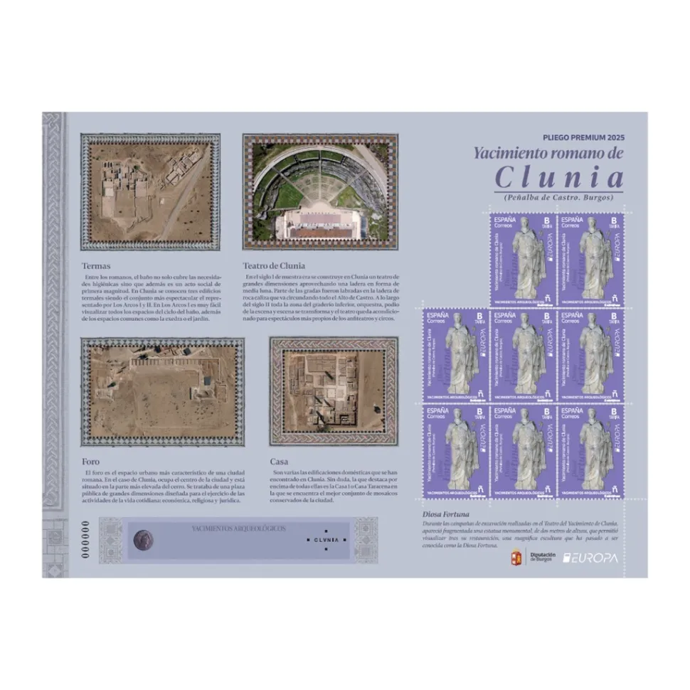 Sello yacimiento romano de Clunia. Burgos. Europa 2025 | Tarifa B | Pliego Premium