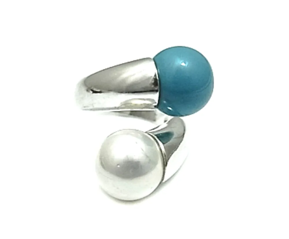 Sale Sortija De Plata Con Doble Perla Blanca Y Turquesa 12 Mm.
