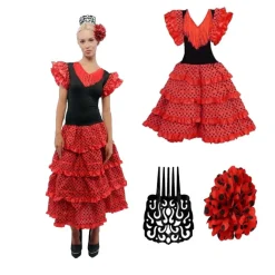 Vestido de Sevillana Traje de Flamenca con Peineta y Flor Feria de abril para Mujer