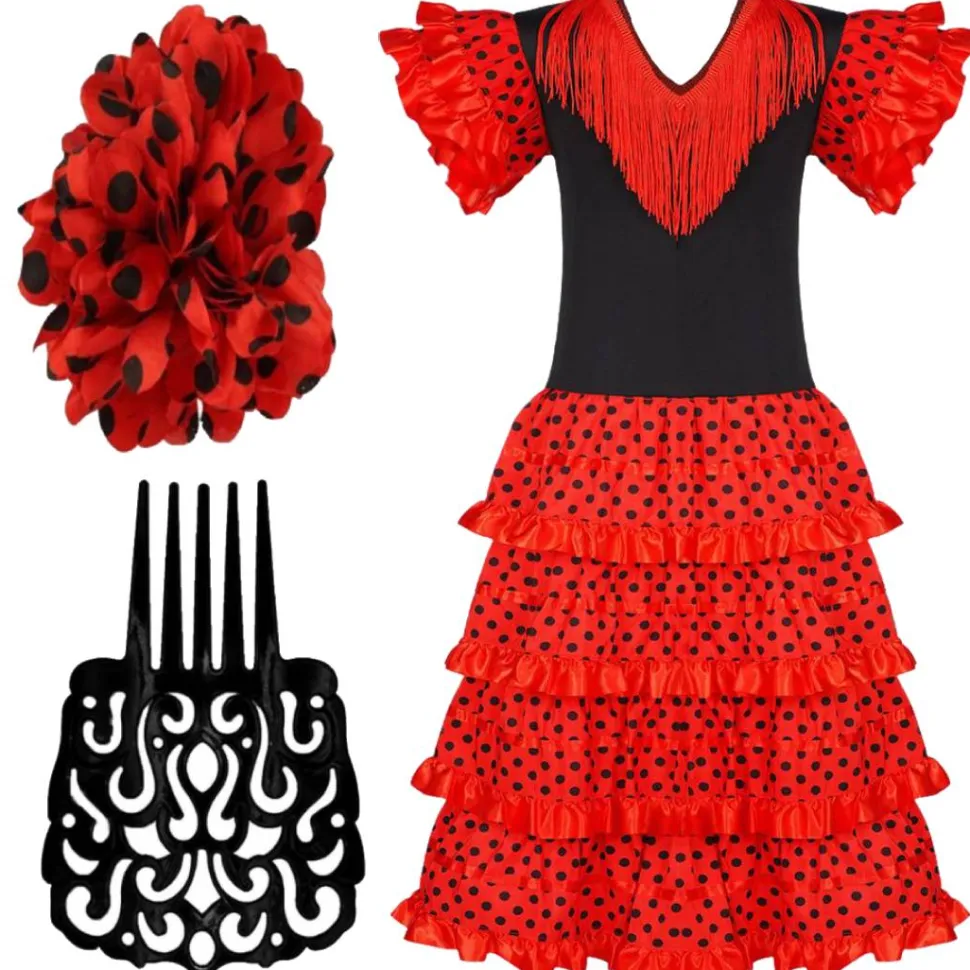 Vestido de Sevillana Traje de Flamenca con Peineta y Flor Feria de abril para Mujer