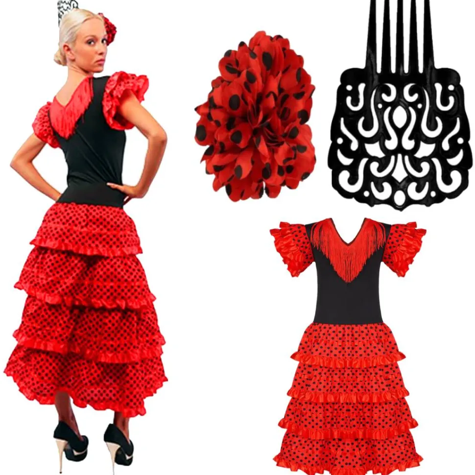 Vestido de Sevillana Traje de Flamenca con Peineta y Flor Feria de abril para Mujer