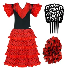 Vestido de Sevillana Traje de Flamenca con Peineta y Flor Feria de abril para Mujer