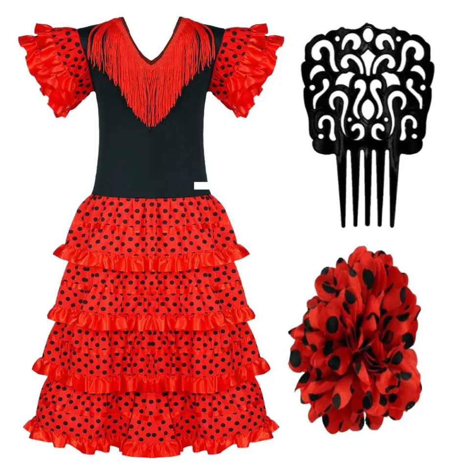 Vestido de Sevillana Traje de Flamenca con Peineta y Flor Feria de abril para Mujer